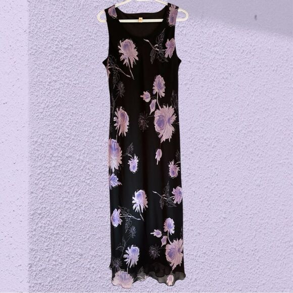 90s vintage black midi dress with large floral print chiffon - Picture 1 of 10